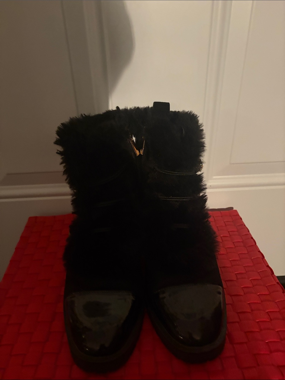 Nanette Lepore Black Fur-Trim Ankle Boots with Patent Toe